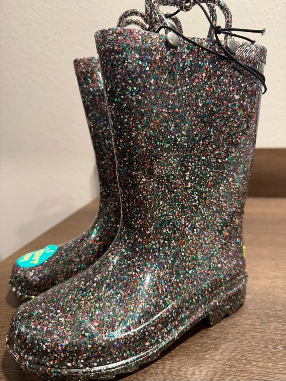 Western Chief Kids Black Multi Glitter Heart-Handle Rain Boots